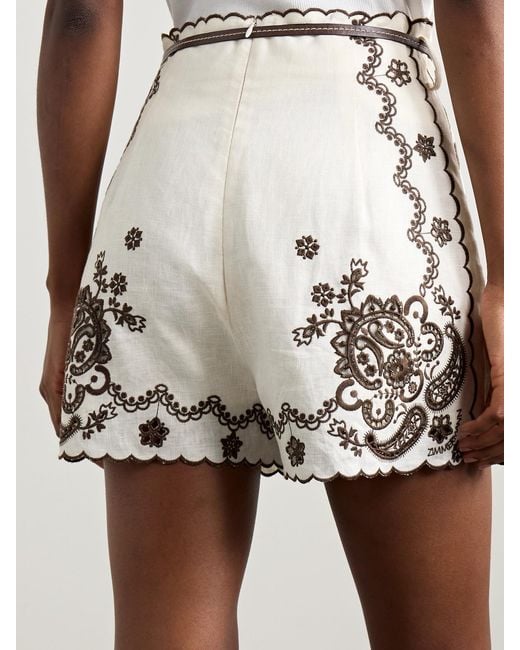 Zimmermann Natural Ascension Leather-Trimmed Broderie Anglaise Linen Shorts