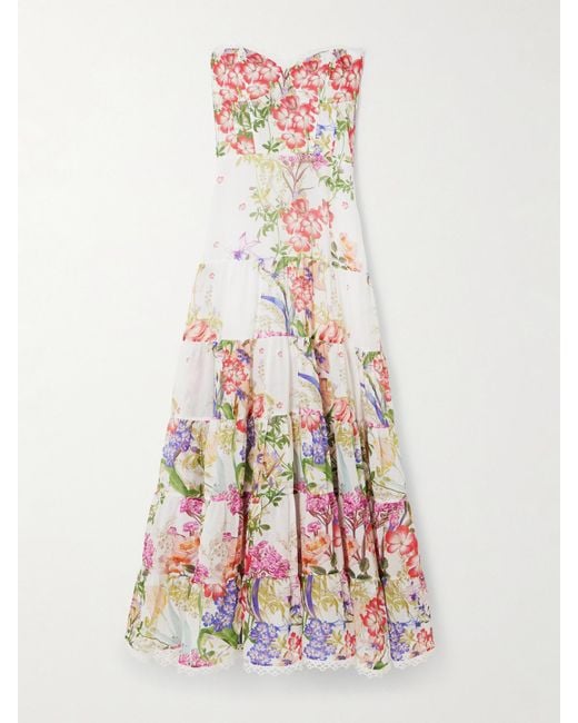 Charo Ruiz White Danny Strapless Tiered Floral-Print Cotton-Blend Voile Maxi Dress