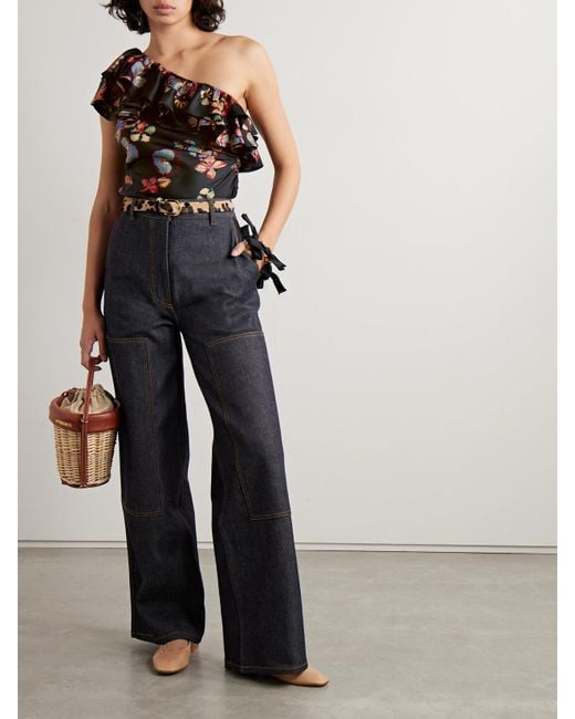 Ulla Johnson Black Adaleigh Asymmetrisches Oberteil Aus Glänzendem Seiden-Twill Mit Blumenprint