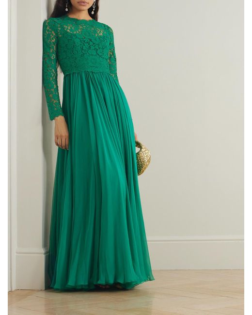 Dolce & Gabbana Green Silk-Blend Lace And Pleated Chiffon Gown