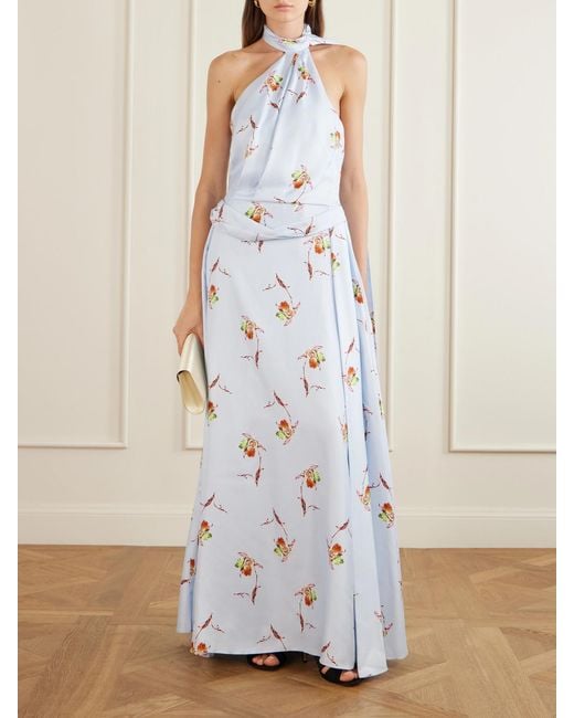 Emilia Wickstead White Tie-Detailed Pleated Floral-Print Halterneck Silk-Twill Gown