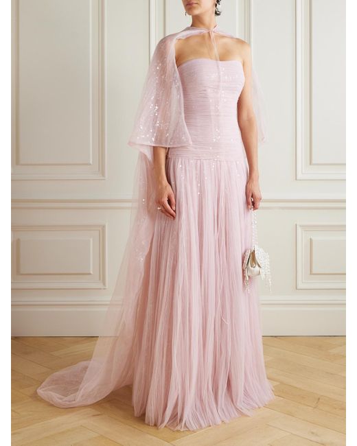 Marmar Halim Pink Robe Aus Plissiertem Chiffon Mit Cape-Effekt Und Pailletten
