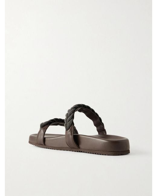 Brunello Cucinelli Brown Bead-Embellished Leather Sandals