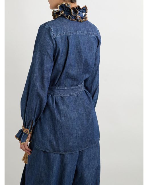 Valentino Garavani Blue Belted Embroidered Ruffled Embellished Chambray Top