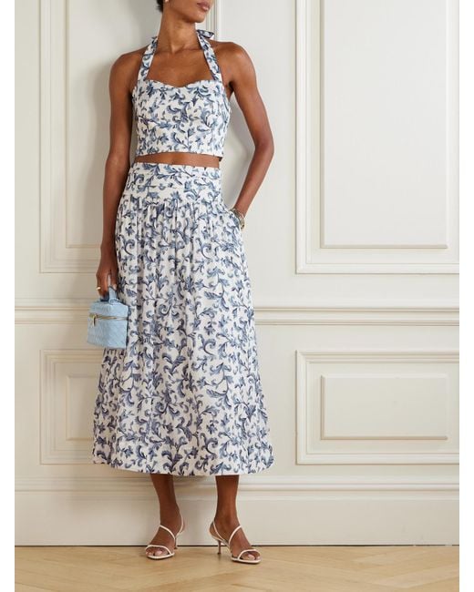 Posse Blue Rue Cropped Pleated Printed Linen And Silk-Blend Halterneck Top