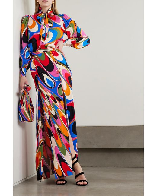 Emilio Pucci Blue Pussy-Bow Printed Crepe Blouse