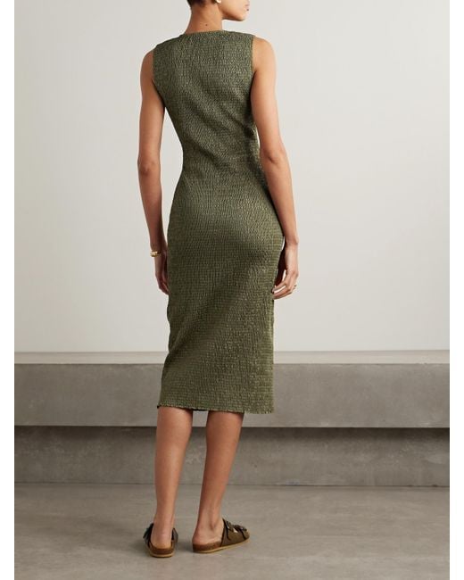 La Ligne Green Shirred Cotton-Twill Midi Dress