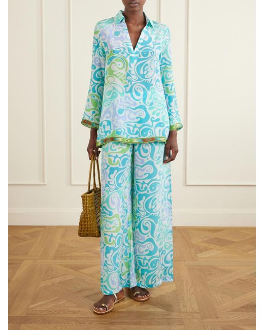Emporio Sirenuse Blue Stephan Printed Silk Wide-Leg Pants