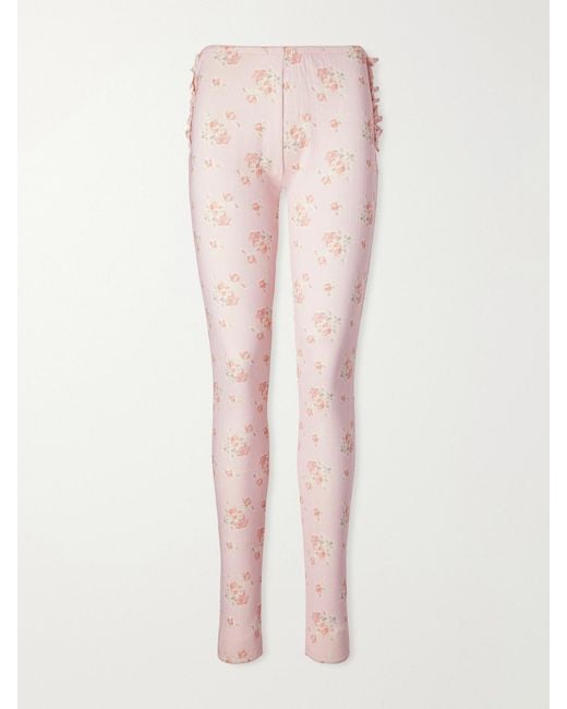 Simone Rocha Pink Ruffled Floral-Print Pointelle-Knit Cotton-Jersey Leggings