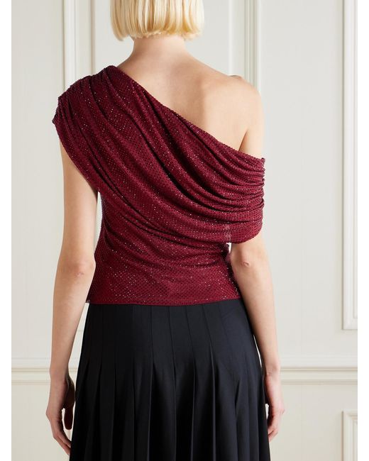 Self-Portrait Red Off-The-Shoulder Draped Crystal-Embellished Mesh Top