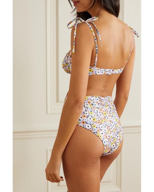 Agua Bendita White Vaiven Ruched Floral-Print Recycled Bikini Bottoms