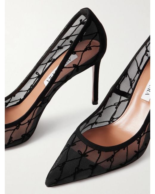 Aquazzura Black 85 Suede-Trimmed Flocked Mesh Pumps