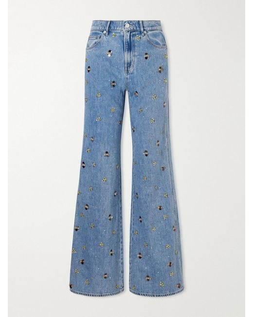 Veronica Beard Blue Kasey Embellished Mid-Rise Wide-Leg Jeans