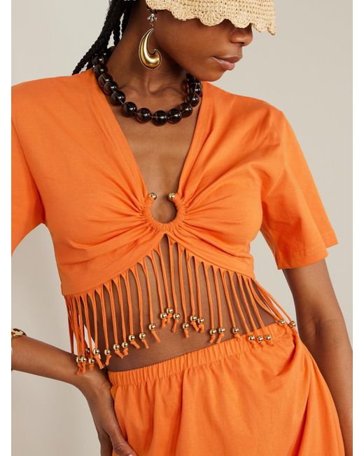 Rabanne Orange Cropped Fringed Embellished Cotton-Jersey Top