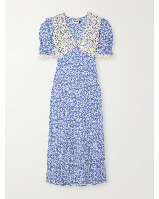 Rixo Blue Olga Lace-Trimmed Crepe De Chine Midi Dress