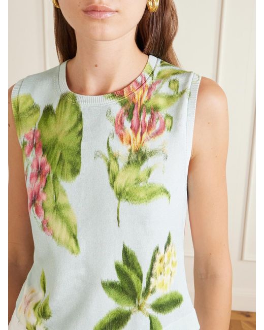 Oscar de la Renta Green Floral-Print Cotton-Blend Knitted Tank