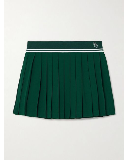 Sporty & Rich Green Abigail Pleated Embroidered Striped Crepe De Chine Mini Skirt