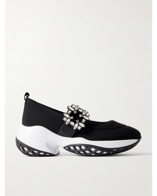 Roger Vivier Black Viv Run Crystal-Embellished Stretch And Leather Sneakers