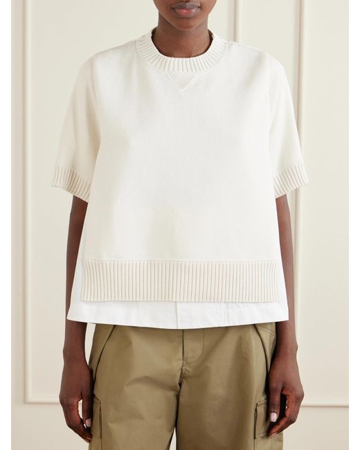 Sacai White Layered Shell-Trimmed Cotton And Cashmere-Blend T-Shirt