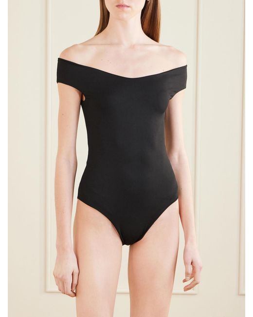 Taller Marmo Black Mini Romy Fringed Off-Shoulder Swimsuit