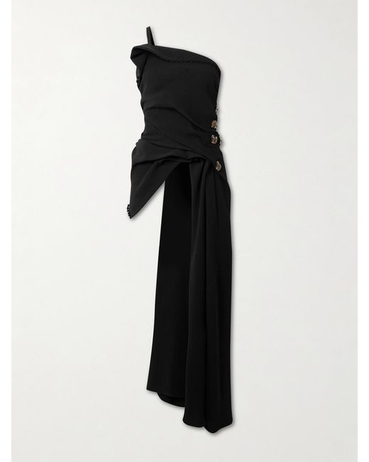 Dries Van Noten Black One-Shoulder Asymmetric Draped Embellished Crepe Top