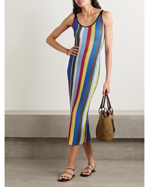 Staud Blue Jessica Striped Crocheted Cotton Midi Dress