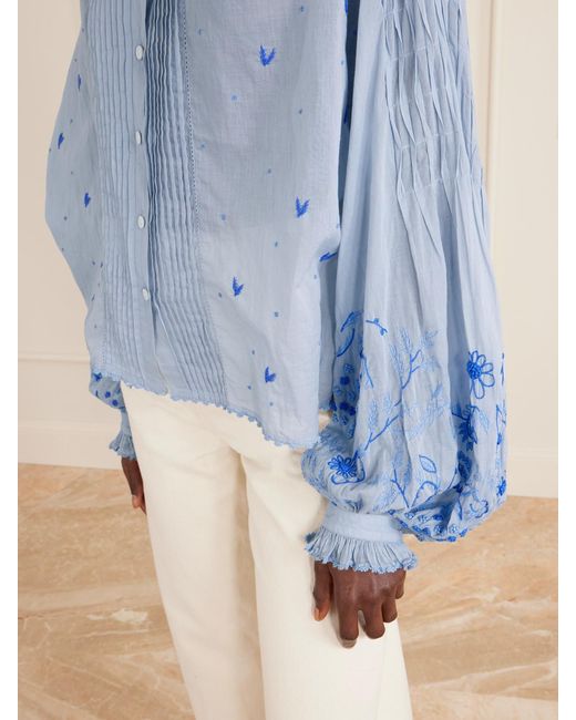 Thierry Colson Blue Slava Ruched Pleated Embroidered Cotton-Voile Shirt