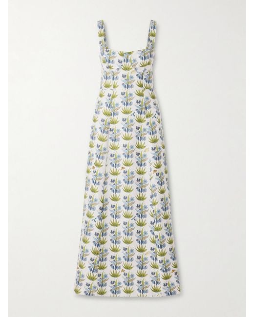 Emporio Sirenuse White Azzurra Celestine Open-Back Floral-Print Linen And Cotton-Blend Midi Dress