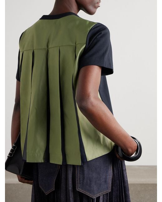 Sacai Blue Pleated Twill-Trimmed Cotton-Jersey T-Shirt
