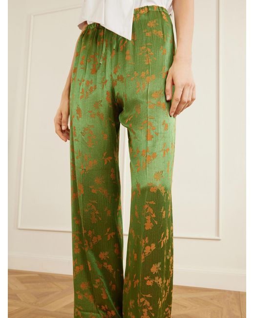 Dries Van Noten Green Floral-Jacquard Satin Wide-Leg Pants