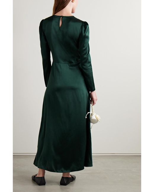 Doen Green Melinda Embroidered Silk-Satin Midi Dress
