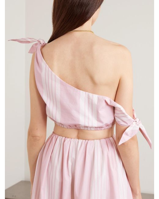 Posse Pink Rosie Cropped One-Shoulder Tie-Detailed Striped Cotton Top