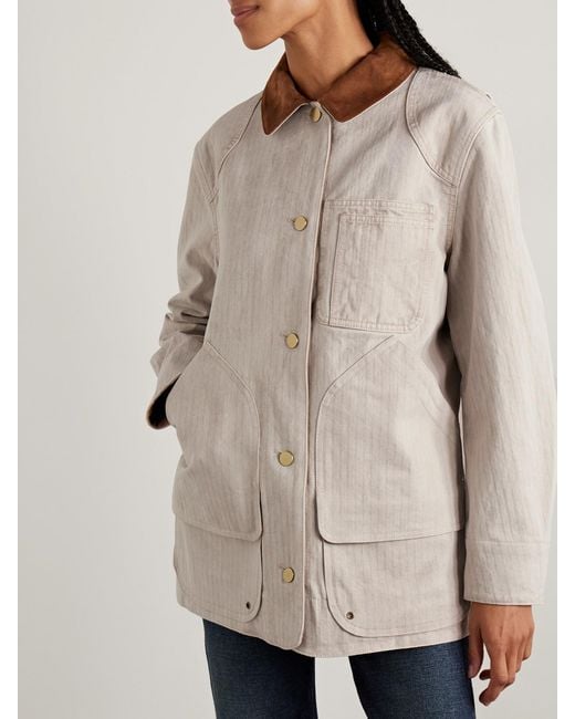 Veronica Beard Natural Abbas Suede-Trimmed Herringbone Cotton Jacket