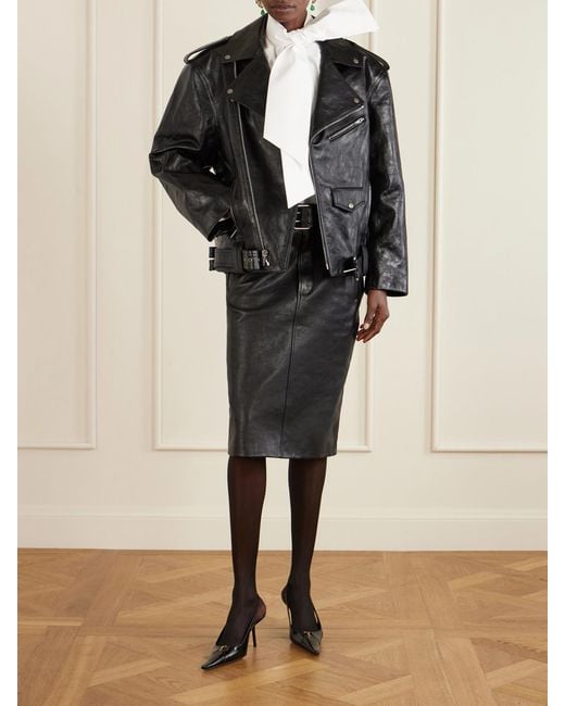 Saint Laurent Black Glossed Textured-Leather Biker Jacket