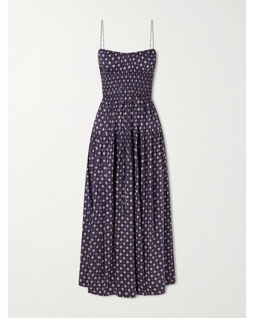 Doen Purple Safia Smocked Printed Cotton And Silk-Blend Voile Maxi Dress