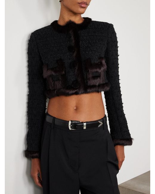 Dolce & Gabbana Black Cropped Shearling-Trimmed Cotton-Blend Tweed Jacket