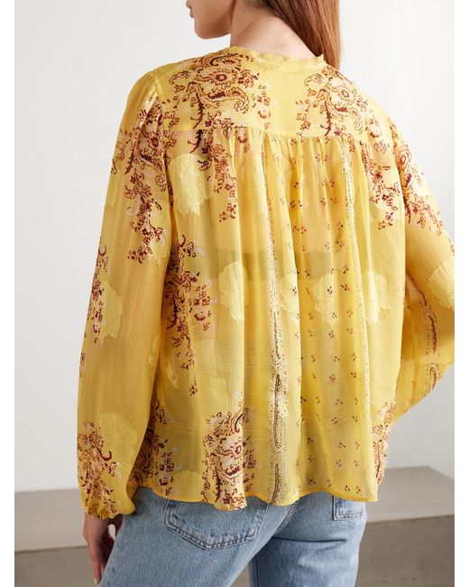 Ulla Johnson Yellow Aster Picot-Trimmed Printed Silk-Blend Crepon Blouse