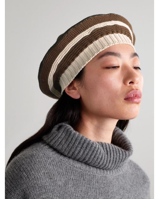 Brunello Cucinelli Natural Bead-Embellished Striped Cotton Beret