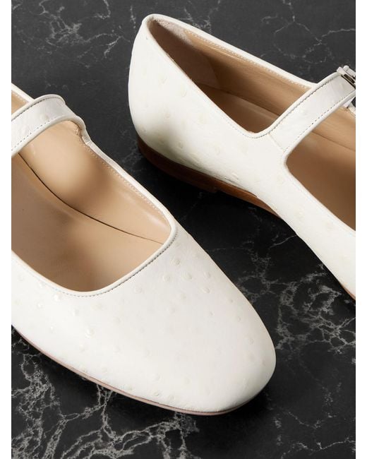Le Monde Beryl White Ostrich-Effect Leather Mary Jane Ballet Flats
