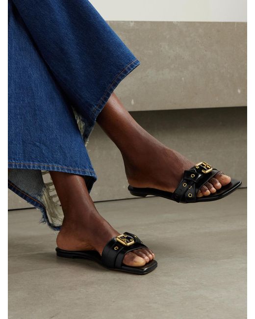 Chloé Black Mae Buckle-Embellished Glossed-Leather Slides