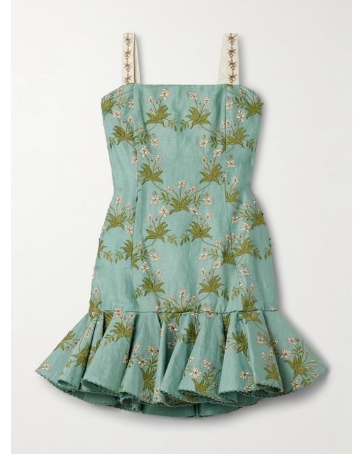 Agua Bendita Green Tumbao Orquidea Ruffled Appliquéd Embroidered Linen Mini Dress