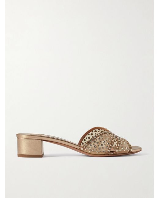 Aquazzura Natural Crystal Lover 35 Mules Aus Mesh Und Leder Mit Kristallen