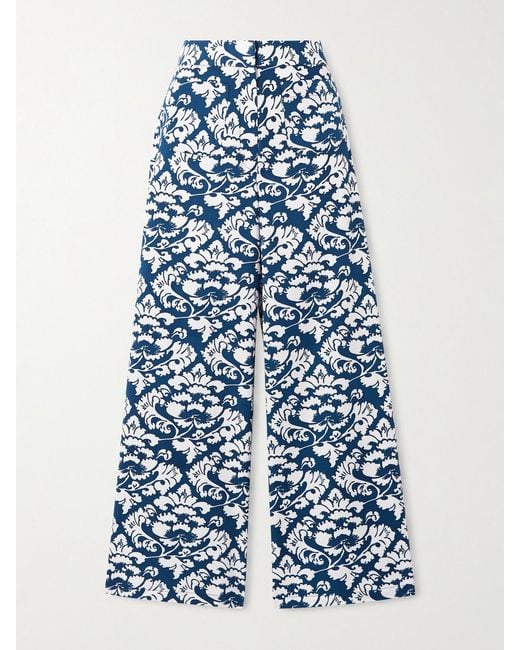 Emporio Sirenuse Blue Adele Lotus Floral-Print Cotton-Twill Wide-Leg Pants
