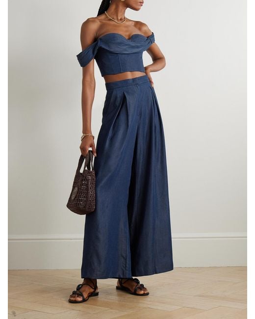 ANDRES OTALORA Blue De Azahar Off-The-Shoulder Draped Tencel Lyocell Bustier Top