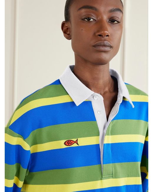 Staud Blue Da Adolfo Gavin Striped Logo-Embroidered Cotton-Blend Shirt
