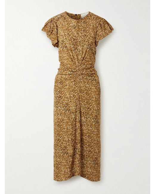 Robe Midi En Crêpe De Chine De Soie Stretch Imprimé À Fronces Terena Isabel Marant en coloris Metallic