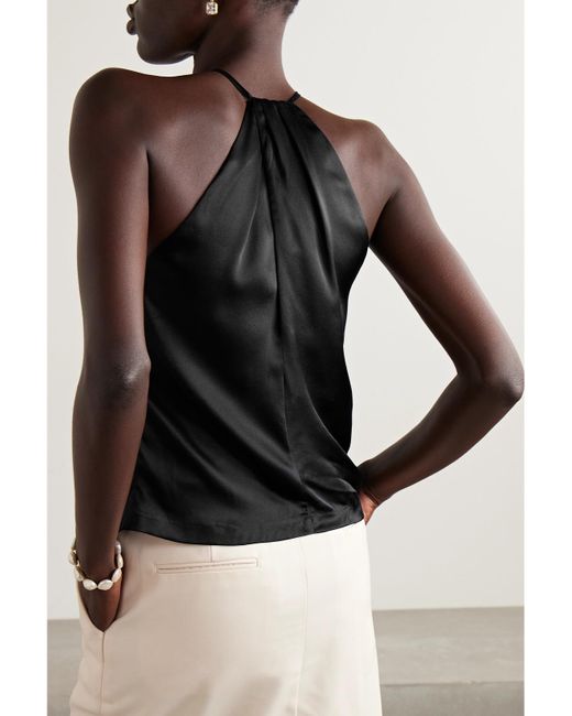 Nili Lotan Black Edwige Gathered Silk-Satin Halterneck Top