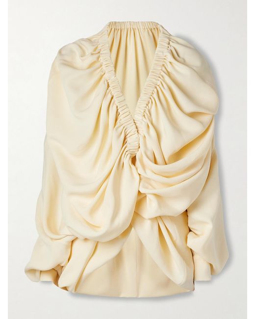 Sharon Wauchob Natural Sata Draped Gathered Wool And Silk-Blend Crepe Wrap Blouse