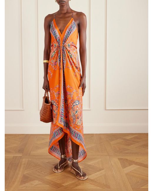 Etro Orange Paisley-Print Silk-Twill Halterneck Maxi Dress