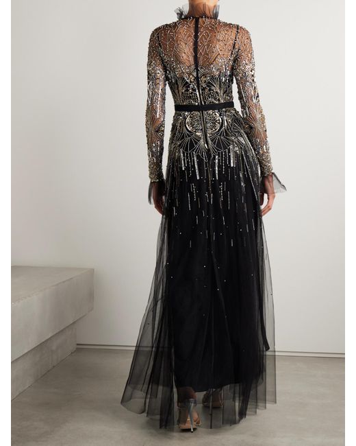 Zuhair Murad Black Belted Embellished Tulle Turtleneck Gown